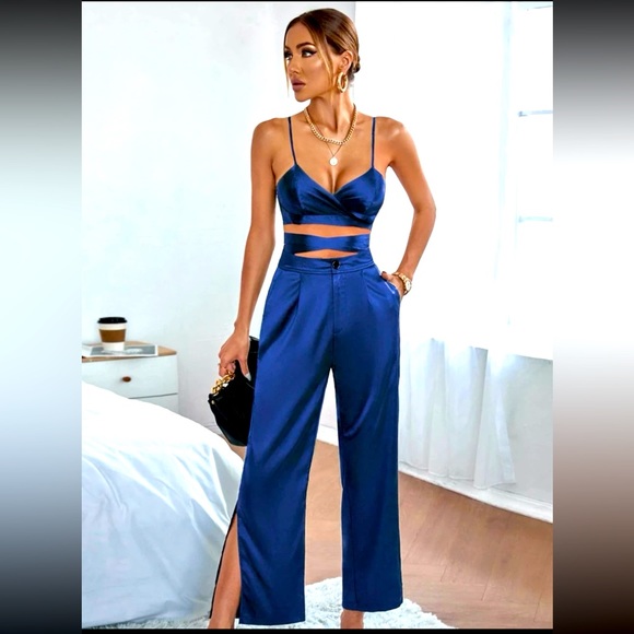 SHEIN Royal Blue Satin Crisscross TieBack Cami Top & Split Hem Pants - Size L - Picture 1 of 8